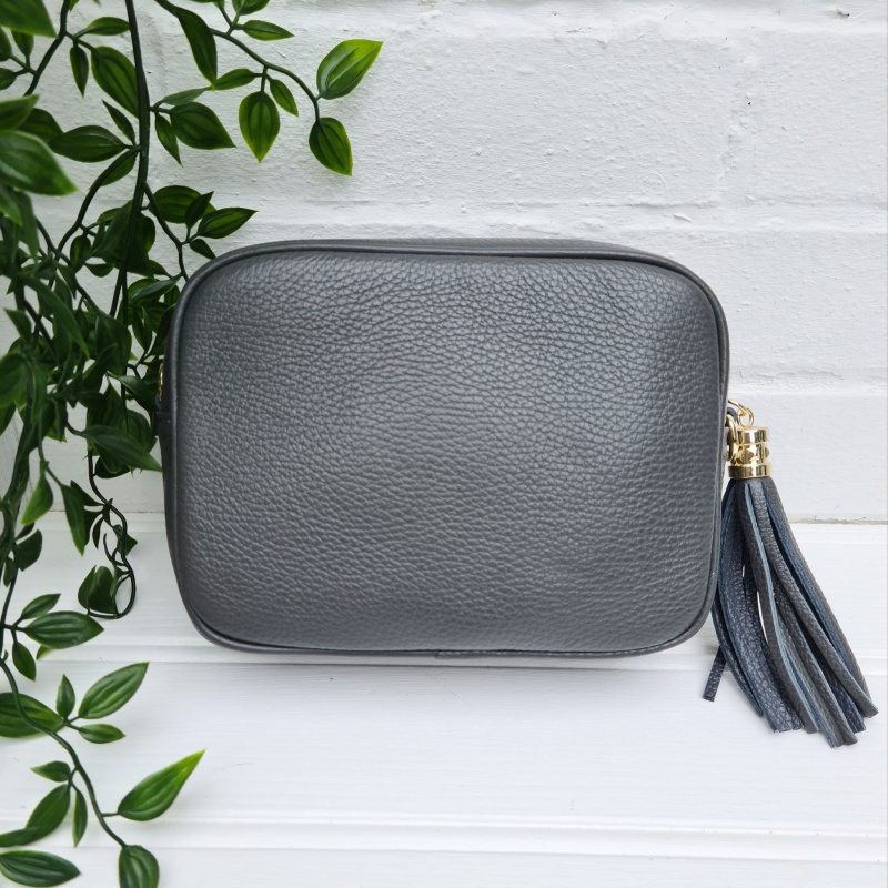 Tassel Zip Leather Bag - Grey
